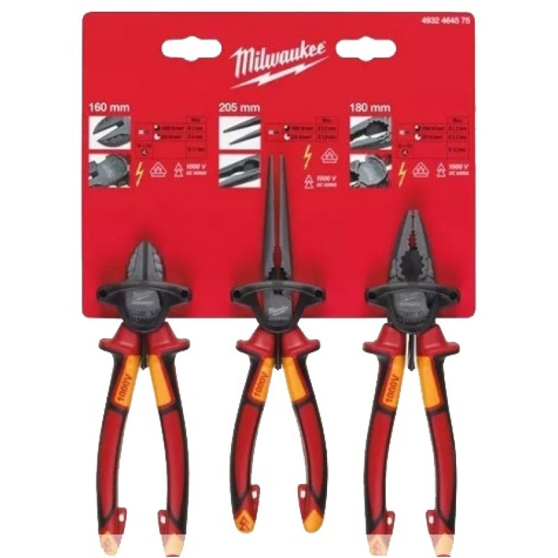 Набір VDE інструмента діелектричного MILWAUKEE (3шт),(пасатижі, бокорізи, догогубці)