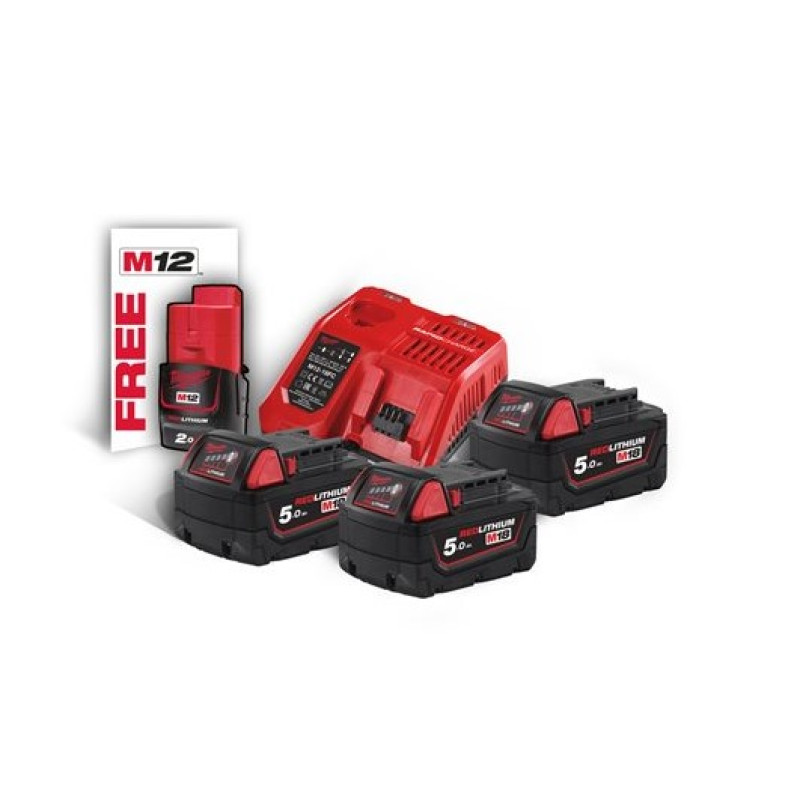 Енергокомплект Li-Ion MILWAUKEE, M18 NRG-503 (зарядний пристрій M12-18FC, 3 акумулятори M18 В5 5Аг) + подарунок акумулятор M12 B