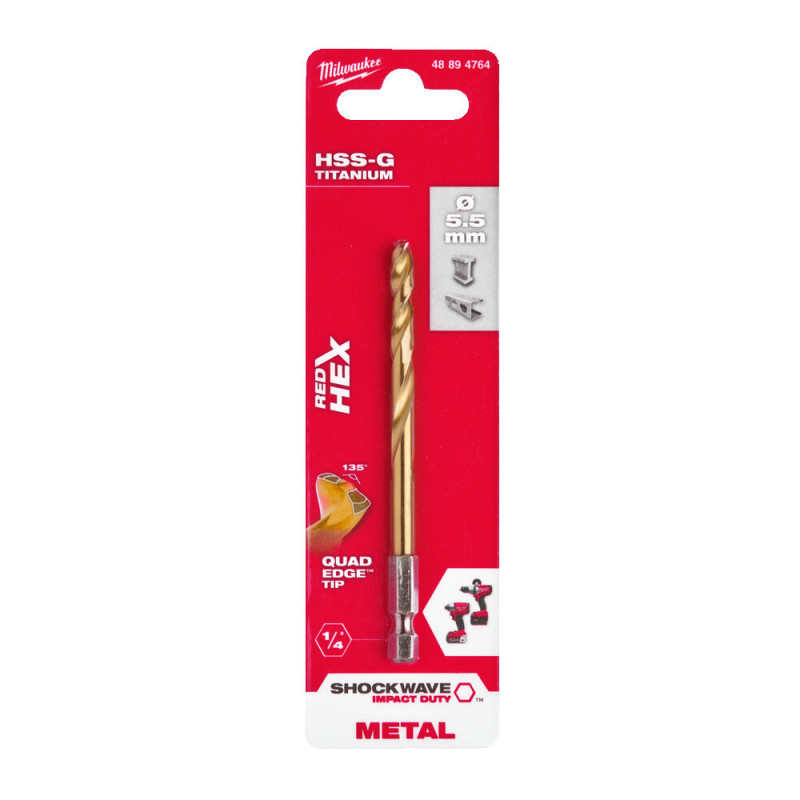 Свердло по металу RedHEX SHOCKWAVE HSS-TiN MILWAUKEE, діаметр 5,5х104х60мм