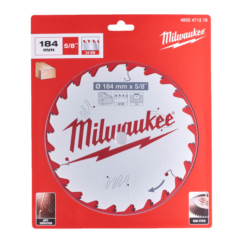 Диск пиляльний по дереву PFTE MILWAUKEE, діаметр 184х5/8"х1,6мм, 24 зуб.