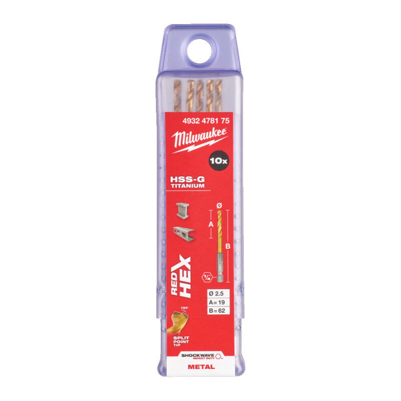 Свердло по металу RedHEX SHOCKWAVE™ HSS-TiN MILWAUKEE, діаметр 2,5х62х19мм, (10шт), пластикова коробка