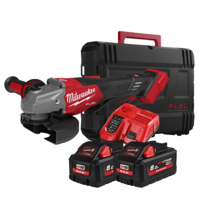 Шліфмашина кутова акумуляторна MILWAUKEE, M18 FHSAG125XPDB2-802X, діаметр 125мм (зарядний пристрій, 2акум. Х 8 Аг, HDкейс)