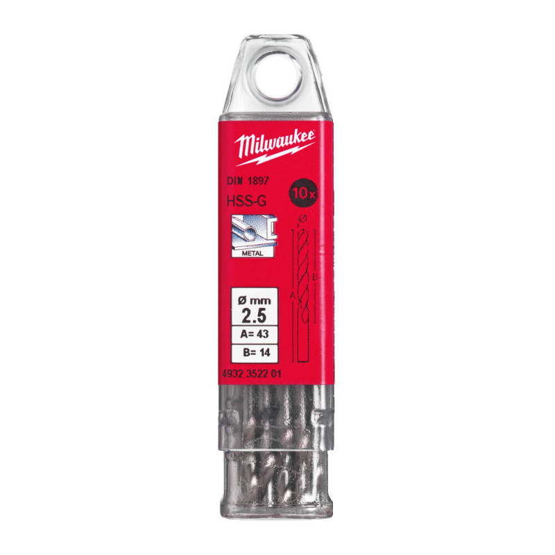 Свердло по металу HSS-G MILWAUKEE DIN1897, діаметр 2,5х43х14мм, скорочене, (10шт), пластикова коробка