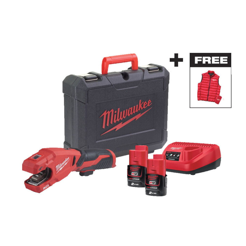 Труборіз акумуляторний по нержавіючій сталі MILWAUKEE M12 PCSSMC-202C + жилет, (+ заряд.пристрій, 2 акум., HD кейс)