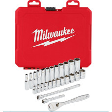 Набір головок торцевих хромованих 1/4'' MILWAUKEE, з тріскачкою та 2 подовжувачами, (28шт), пластиковий органайзер